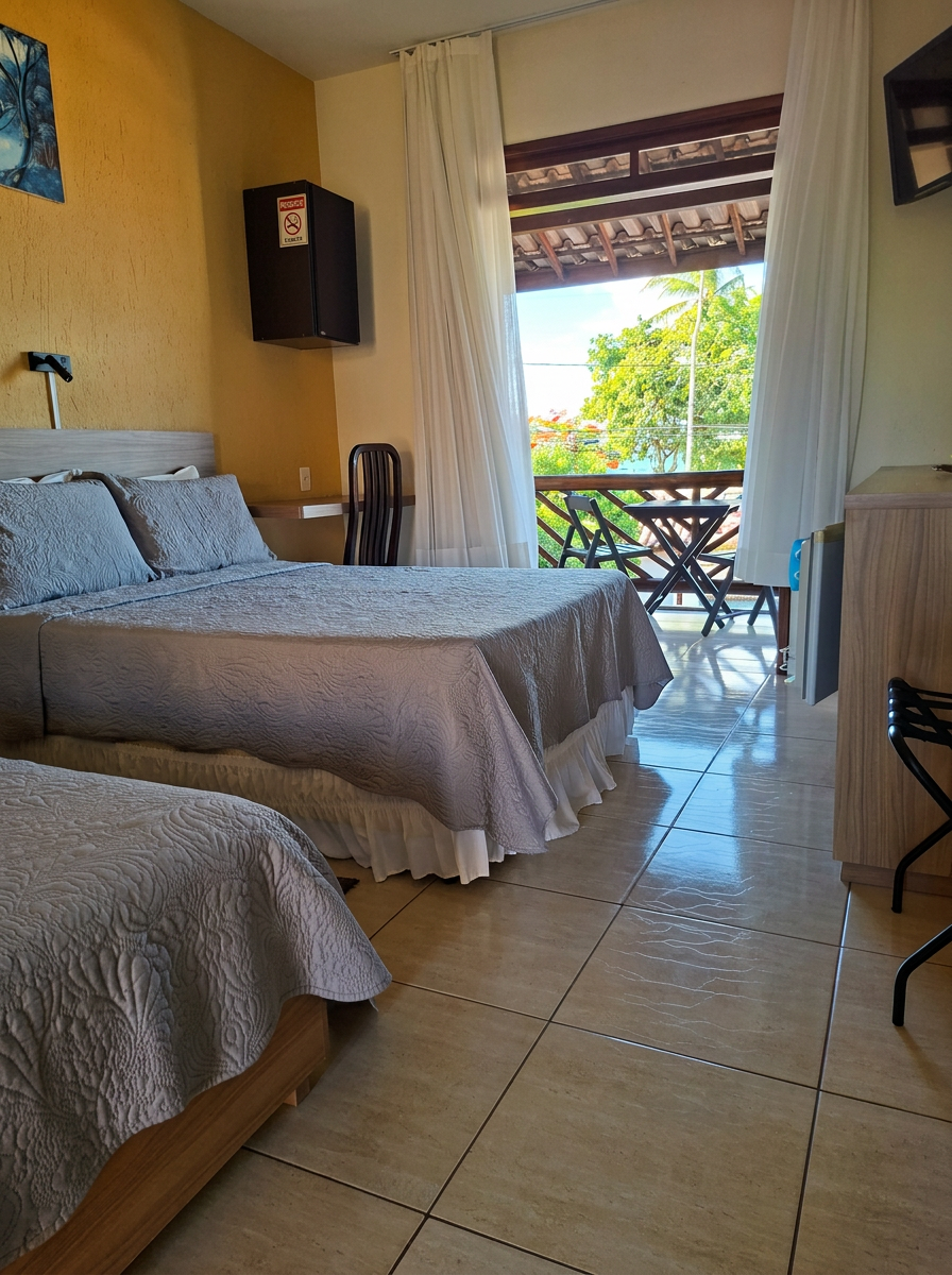 Apartamento com duas camas e varanda com vista verde