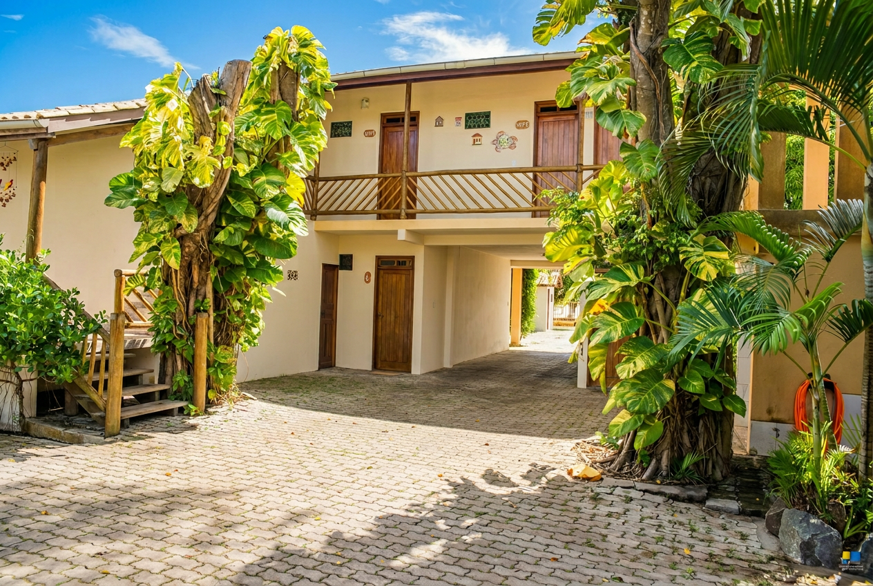 Área externa da pousada com apartamentos e vegetação tropical